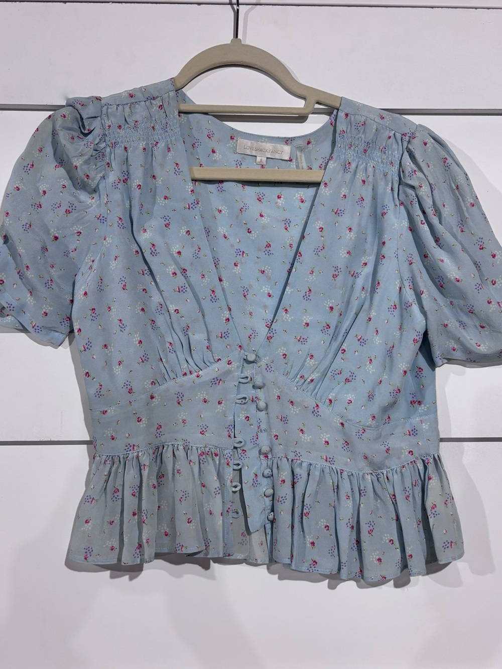 LoveShackFancy Powder Blue Floral Puff-Sleeve Peplum Blouse